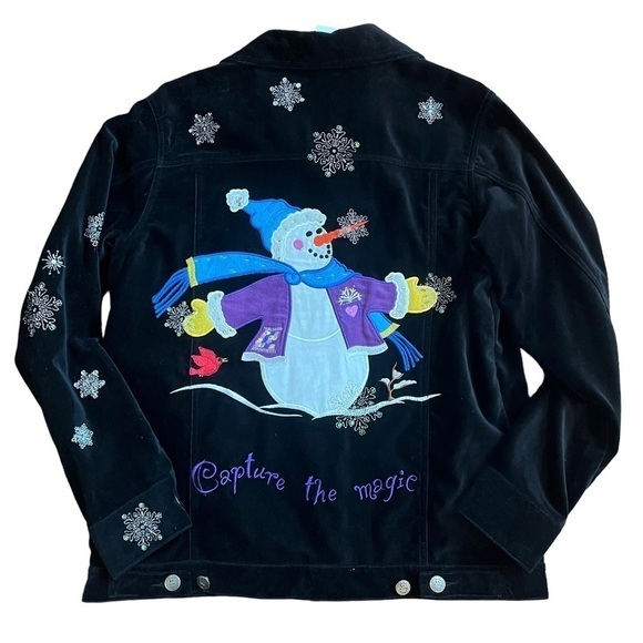 Quacker Factory Snowman Capture the Magic Holiday Velvet Jacket Black Size S - Picture 12 of 12
